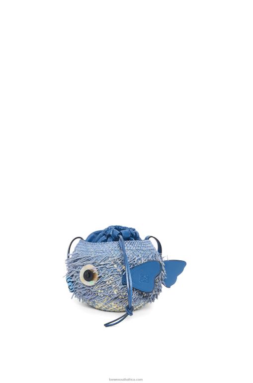 Loewe Women Blowfish pouch in iraca palm and calfskin 206XF222 Denim Blue