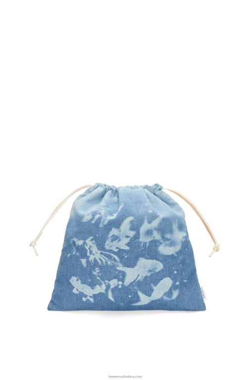 Loewe Women Fish drawstring pouch in denim 206XF588 Light Blue