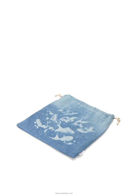 Loewe Women Fish drawstring pouch in denim 206XF588 Light Blue