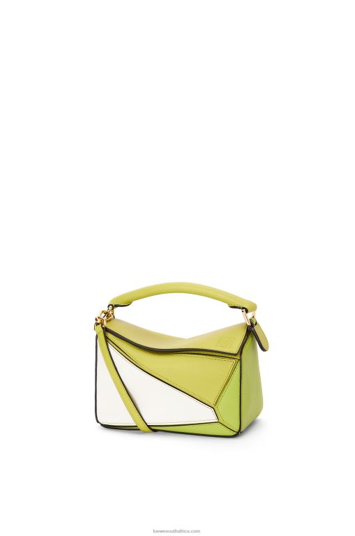 Loewe Women Mini Puzzle bag in classic calfskin 206XF286 Lime Yellow/White