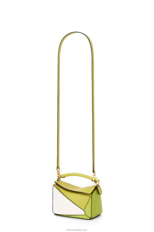 Loewe Women Mini Puzzle bag in classic calfskin 206XF286 Lime Yellow/White
