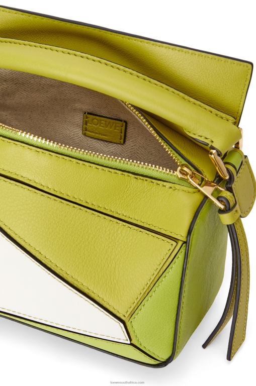 Loewe Women Mini Puzzle bag in classic calfskin 206XF286 Lime Yellow/White