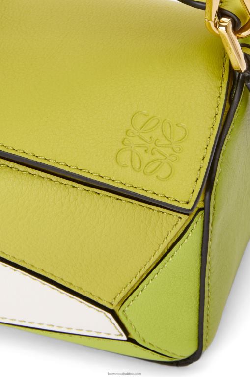Loewe Women Mini Puzzle bag in classic calfskin 206XF286 Lime Yellow/White