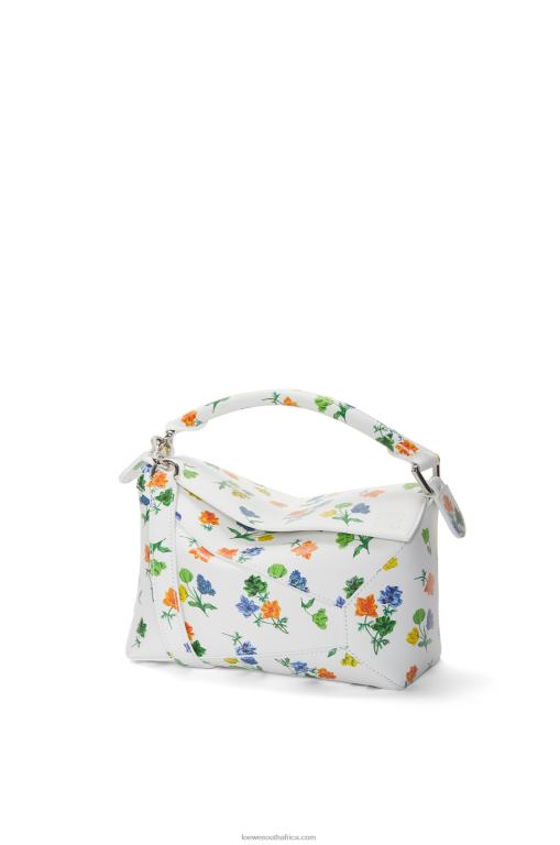Loewe Women Small Flower Puzzle Edge bag in satin calfskin 206XF394 White/Multicolor