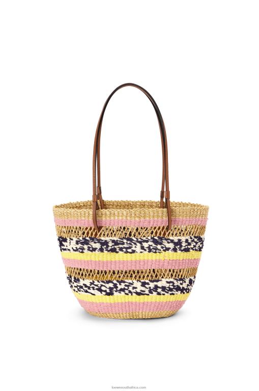 Loewe Women Basket Tote in elephant grass and calfskin 206XF94 Natural/Pink Tulip