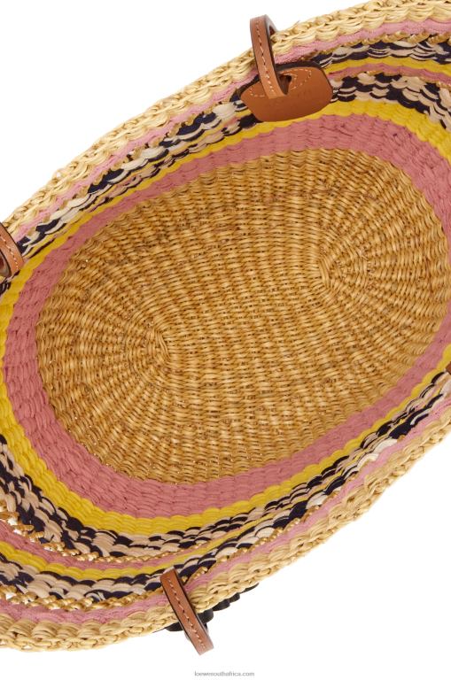 Loewe Women Basket Tote in elephant grass and calfskin 206XF94 Natural/Pink Tulip