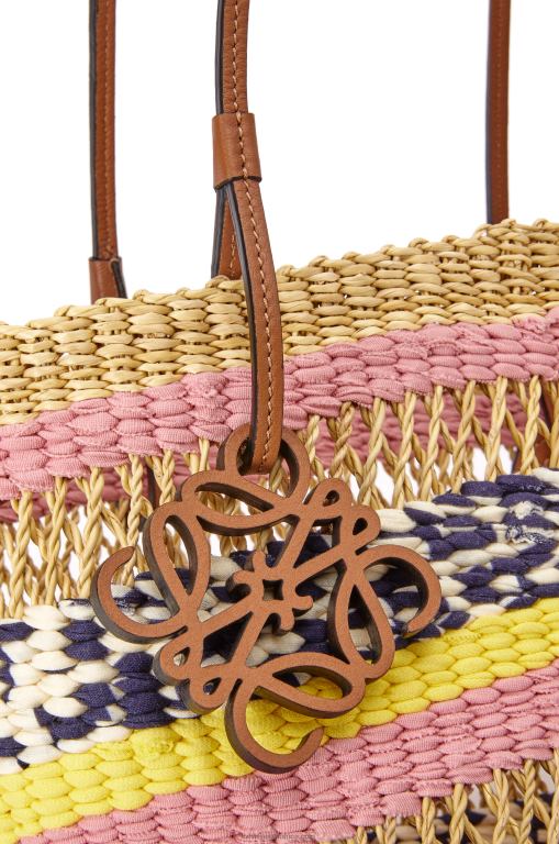 Loewe Women Basket Tote in elephant grass and calfskin 206XF94 Natural/Pink Tulip