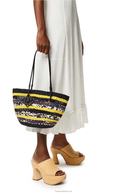 Loewe Women Basket Tote in elephant grass and calfskin 206XF96 Black/Yellow