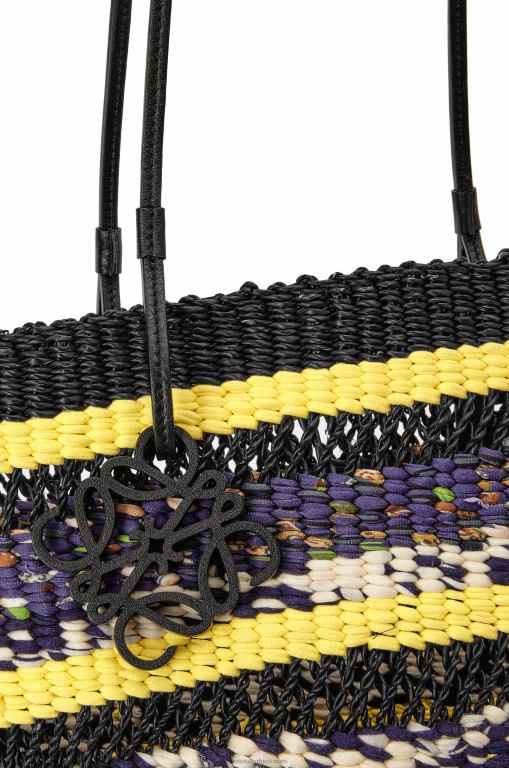 Loewe Women Basket Tote in elephant grass and calfskin 206XF96 Black/Yellow