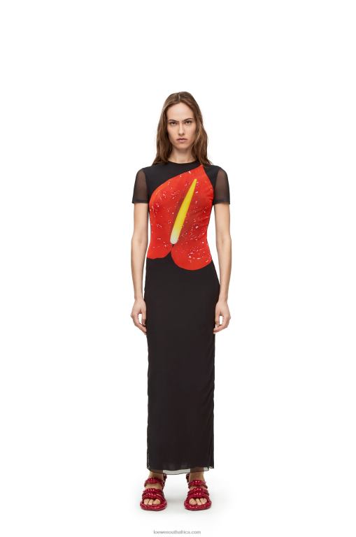 Loewe Women Anthurium dress in semi sheer mesh 206XF1066 Black/Red