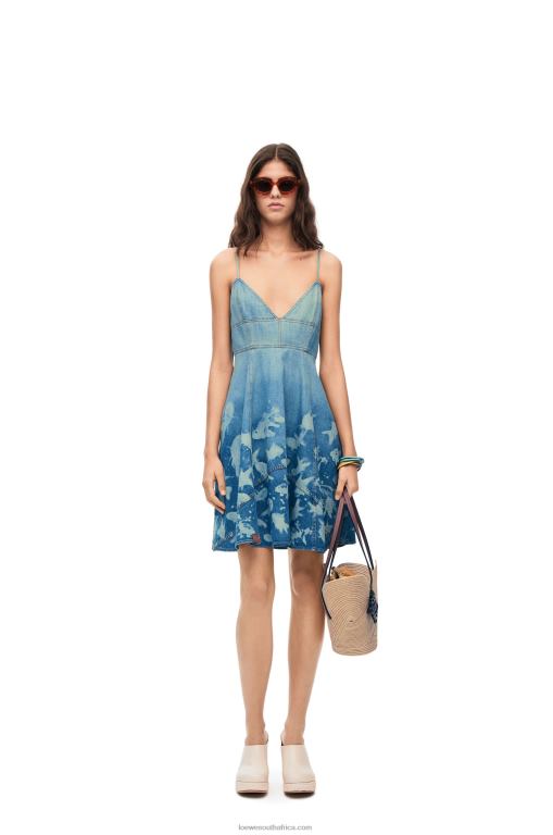Loewe Women Fish strappy dress in denim 206XF1046 Light Blue/White