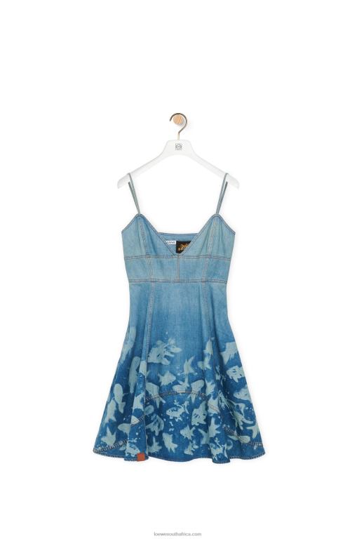 Loewe Women Fish strappy dress in denim 206XF1046 Light Blue/White
