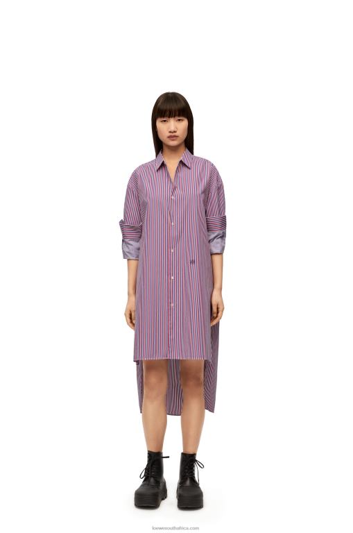 Loewe Women Turn-up shirt dress in striped cotton 206XF1035 Blue/Red
