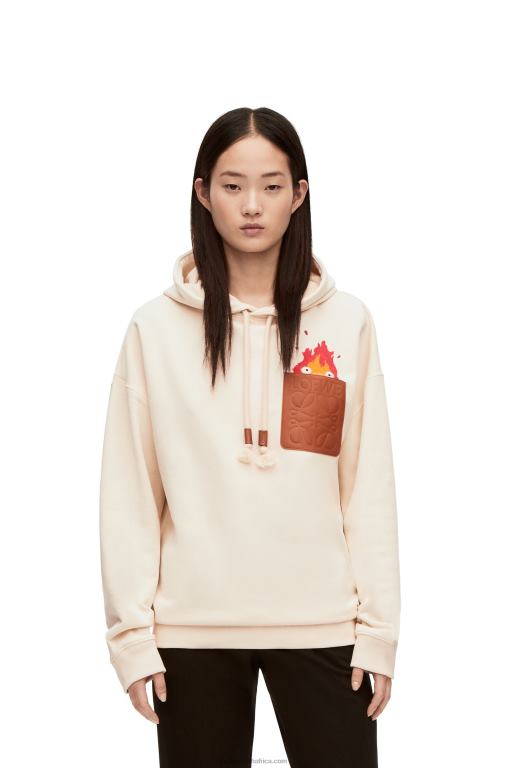 Loewe Women Calcifer leather patch hoodie in cotton 206XF842 Ecru