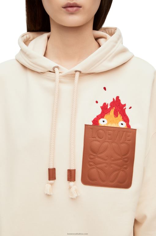 Loewe Women Calcifer leather patch hoodie in cotton 206XF842 Ecru