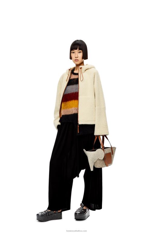 Loewe Women Hooded zip jacket in shearling 206XF1151 Soft White/Tan