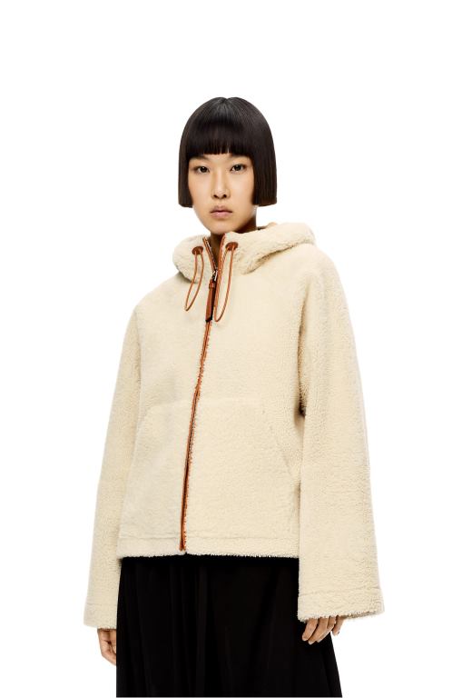 Loewe Women Hooded zip jacket in shearling 206XF1151 Soft White/Tan