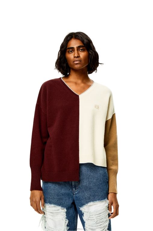 Loewe Women Anagram Asymmetric sweater in wool 206XF1010 Brandy/Burgundy/Cream