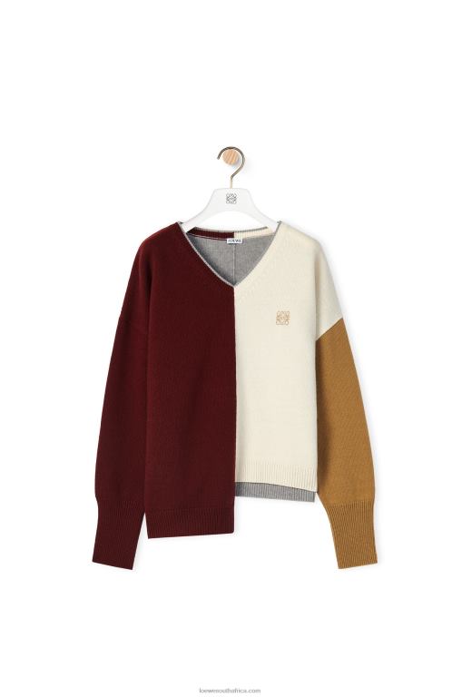 Loewe Women Anagram Asymmetric sweater in wool 206XF1010 Brandy/Burgundy/Cream