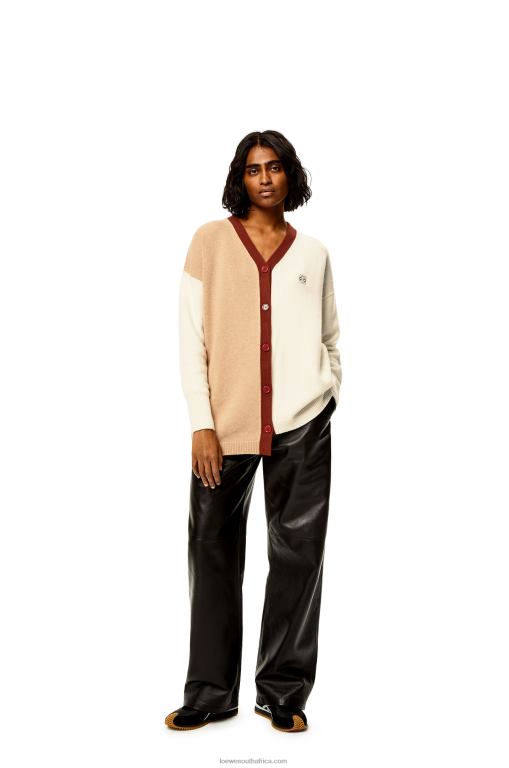 Loewe Women Anagram asymmetric cardigan in wool 206XF1009 Ecru/Camel