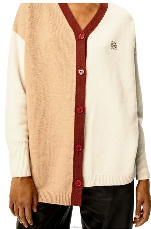 Loewe Women Anagram asymmetric cardigan in wool 206XF1009 Ecru/Camel