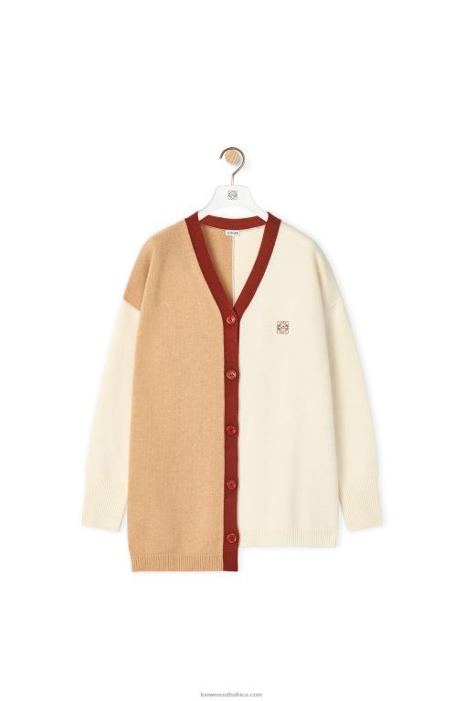 Loewe Women Anagram asymmetric cardigan in wool 206XF1009 Ecru/Camel