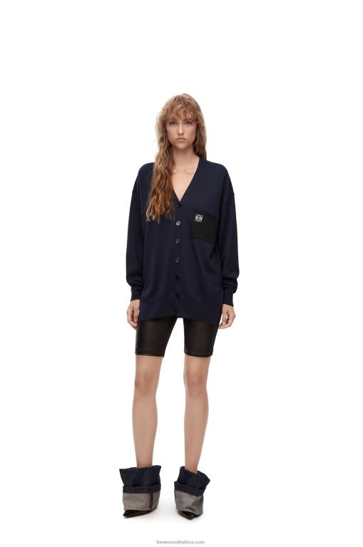 Loewe Women Anagram pocket cardigan in wool 206XF986 Navy Blue