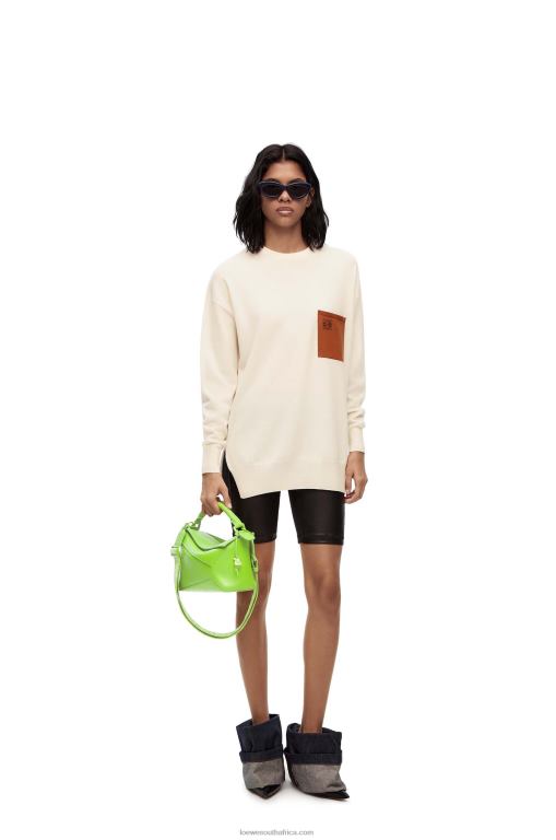 Loewe Women Anagram pocket sweater in wool 206XF1017 Ecru/Brown