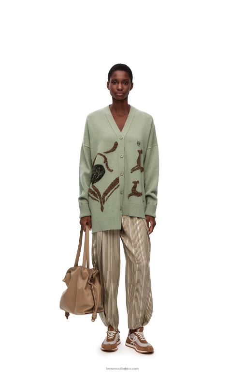 Loewe Women Asymmetric deer cardigan in wool 206XF995 Sage
