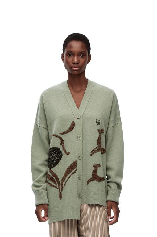 Loewe Women Asymmetric deer cardigan in wool 206XF995 Sage