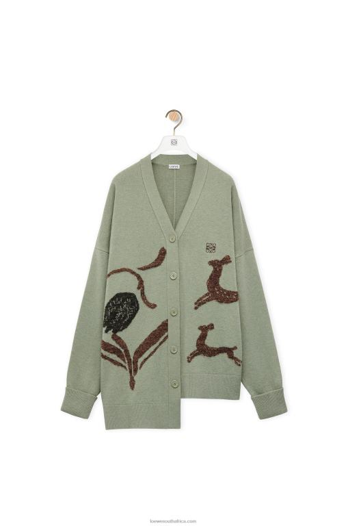 Loewe Women Asymmetric deer cardigan in wool 206XF995 Sage
