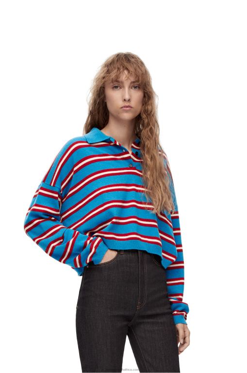 Loewe Women Stripe polo collar sweater in wool 206XF988 Blue/Red