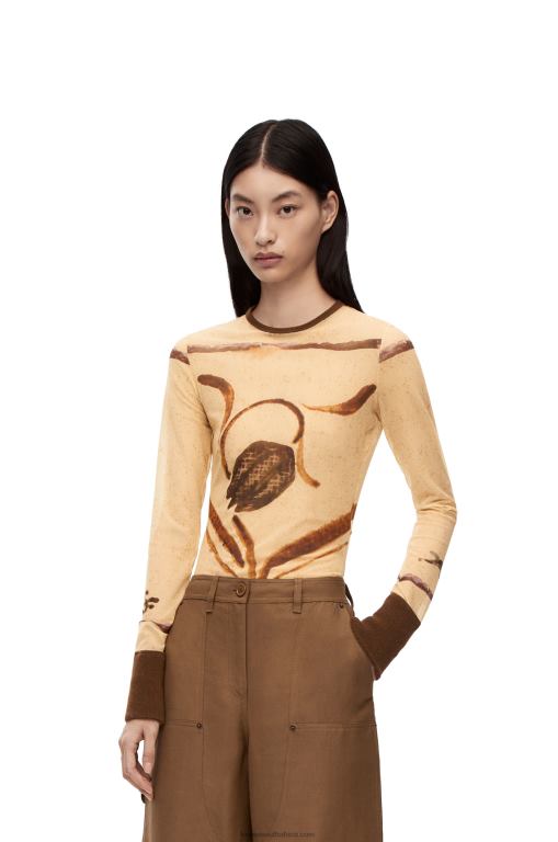 Loewe Women Flower print top in mesh 206XF928 Light Beige/Brown