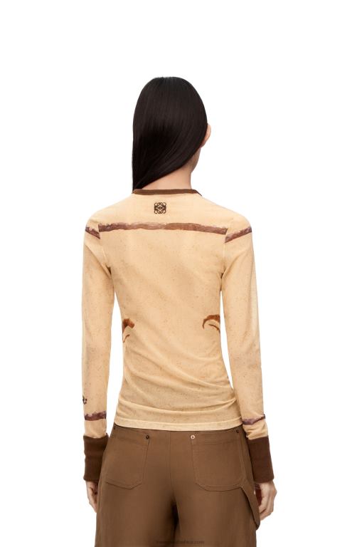Loewe Women Flower print top in mesh 206XF928 Light Beige/Brown