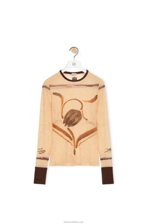 Loewe Women Flower print top in mesh 206XF928 Light Beige/Brown
