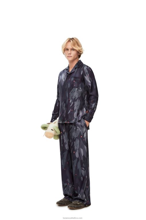 Loewe Women Feathers pyjama blouse in silk 206XF944 Navy Blue