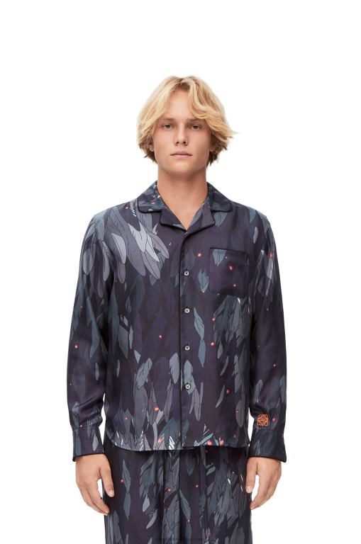 Loewe Women Feathers pyjama blouse in silk 206XF944 Navy Blue