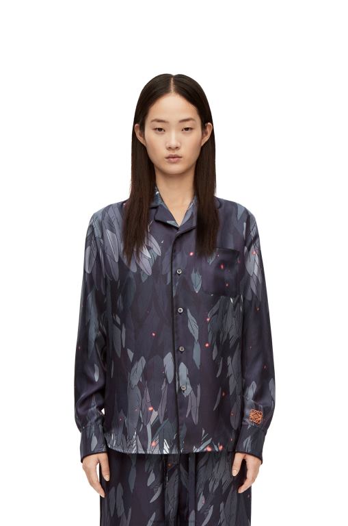 Loewe Women Feathers pyjama blouse in silk 206XF944 Navy Blue