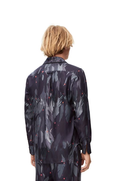 Loewe Women Feathers pyjama blouse in silk 206XF944 Navy Blue