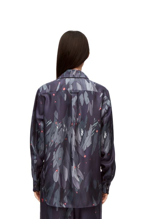 Loewe Women Feathers pyjama blouse in silk 206XF944 Navy Blue