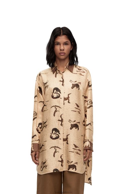 Loewe Women Animal print oversize shirt in silk 206XF929 Light Beige/Brown