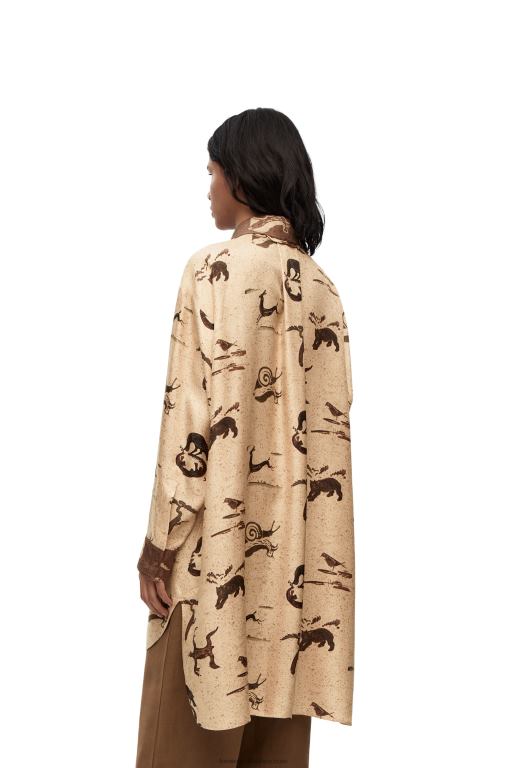 Loewe Women Animal print oversize shirt in silk 206XF929 Light Beige/Brown