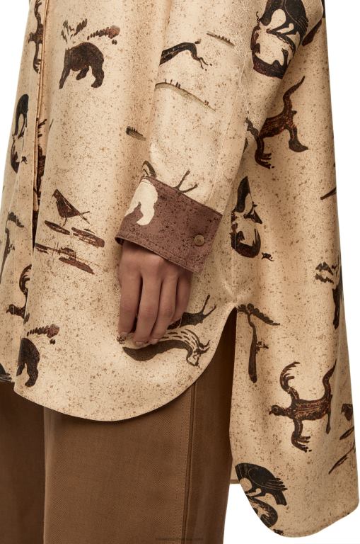 Loewe Women Animal print oversize shirt in silk 206XF929 Light Beige/Brown