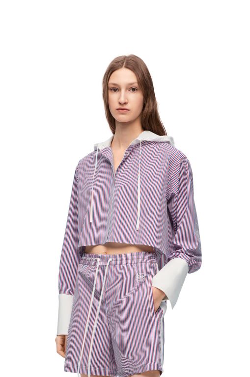 Loewe Women Cropped hooded shirt in striped cotton 206XF857 Blue/Red