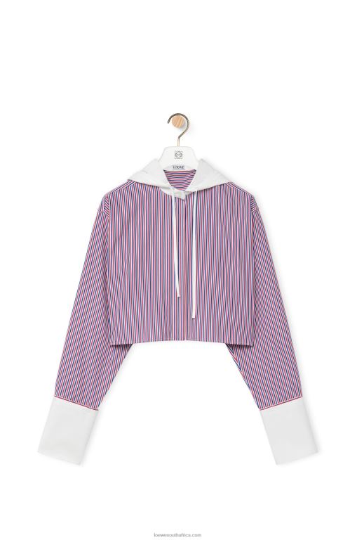 Loewe Women Cropped hooded shirt in striped cotton 206XF857 Blue/Red