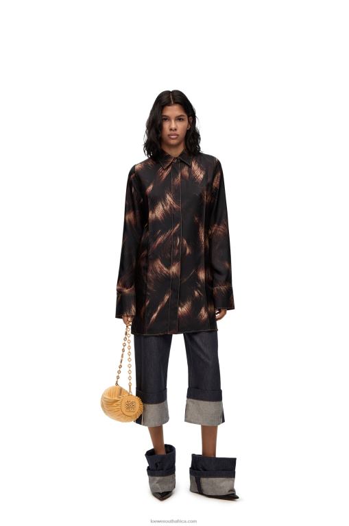 Loewe Women Hair print shirt in silk 206XF930 Brown/Multicolor