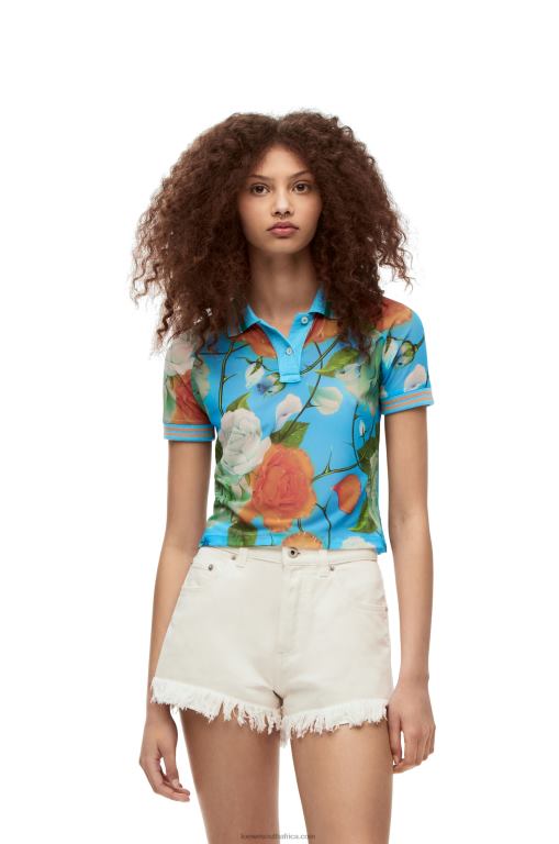 Loewe Women Roses cropped polo top in mesh 206XF790 Blue/Multicolor