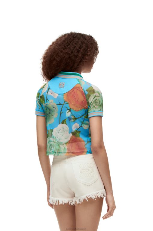 Loewe Women Roses cropped polo top in mesh 206XF790 Blue/Multicolor