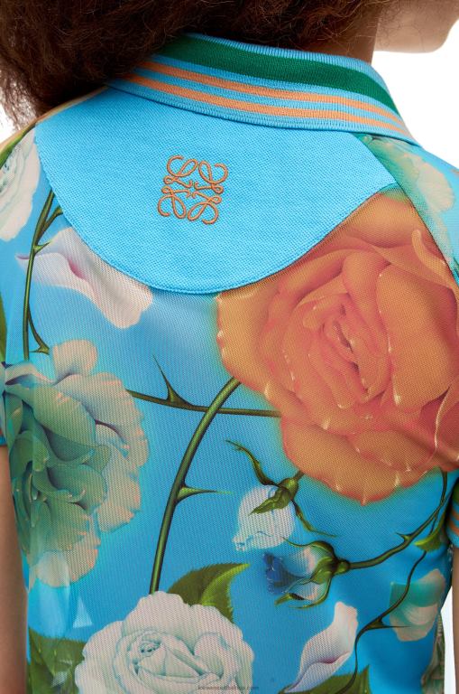 Loewe Women Roses cropped polo top in mesh 206XF790 Blue/Multicolor