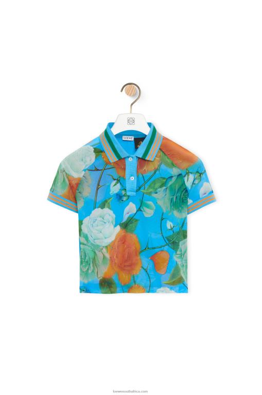 Loewe Women Roses cropped polo top in mesh 206XF790 Blue/Multicolor